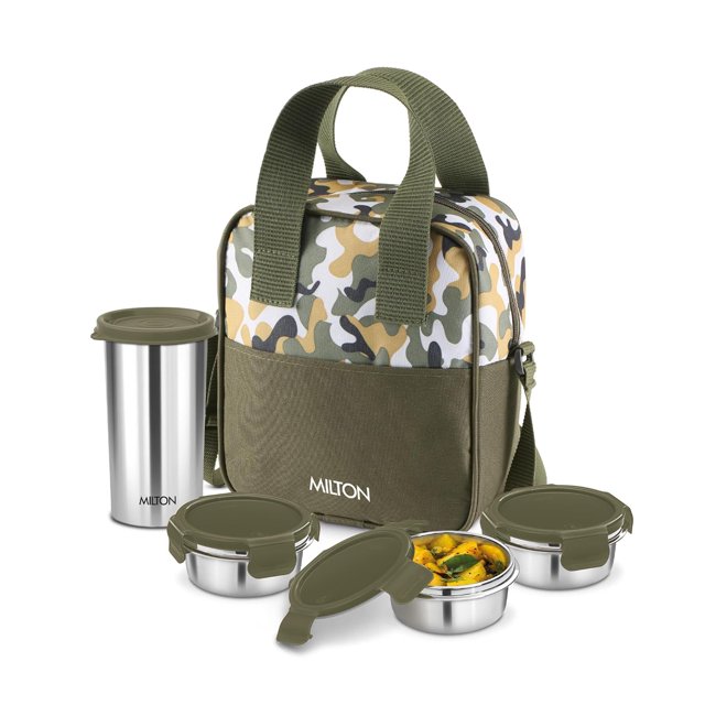Camo Festin en Acier Inoxydable Tiffin avec Veste Isolée - Vert / Contenants Ronds à Verrouillage à 3 Clics, 300 ml Chacun + 1 Gobelet, 400 ml - Résistant aux Fuites, Léger, Facile à Transporter