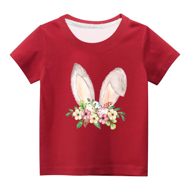Penkiiy T-Shirts de Pâques pour Enfants Tout-Petits Garçons Filles Mode Pâques Imprimé Oreilles de Lapin Col Rond Imprimé Manches Courtes Haut 9 Ans Rouge