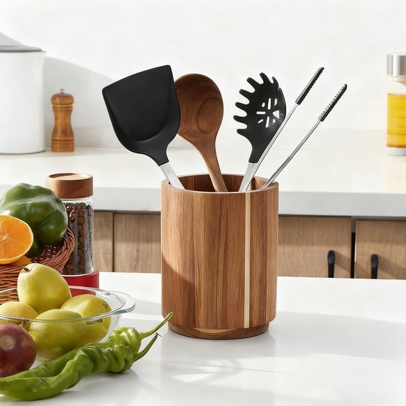 Rvkxad 360 Degree Rotating Utensil Organizer, Wooden Spinning Caddy for Cutlery Storage, Kitchen Countertop Holder