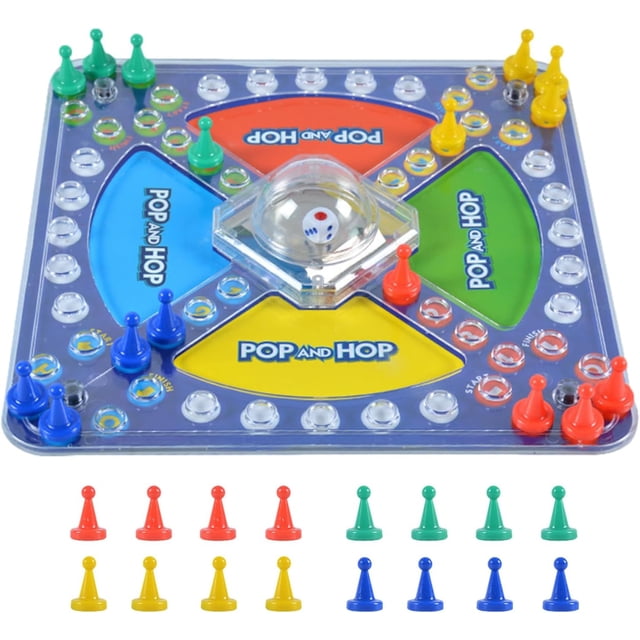 LAICAIW Frustration Board Game featuring a multicolour game board with sections in blue, red, yellow, and green, labeled 'Pop and Hop.' The board includes a central pop-up dice mechanism and circular tracks for up to four players. Includes 16 game pieces in red, yellow, green, and blue, designed for racing and chasing gameplay. Suitable for kids and adults, promoting hand-eye coordination and logical thinking.