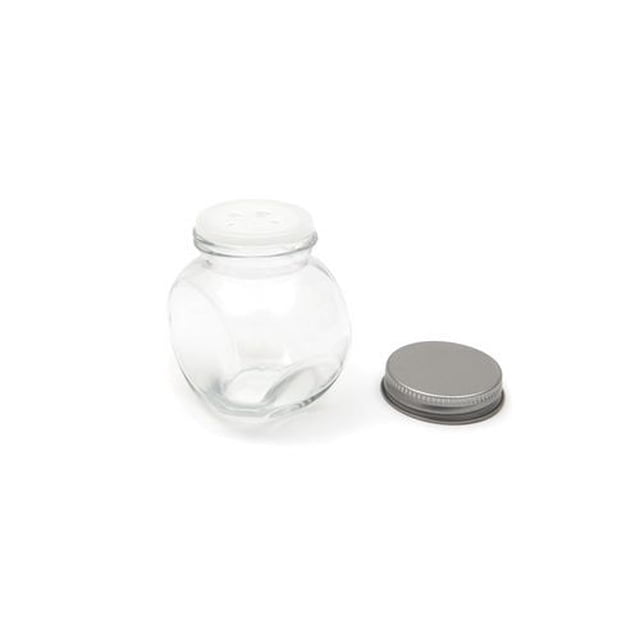 Grey Label Glass Utility Jar with a 3 oz clear glass body and separate silver metal screw-on lid, designed for airtight storage of spices, blends, and extracts, suitable for kitchen and travel use, shown open on a white background.