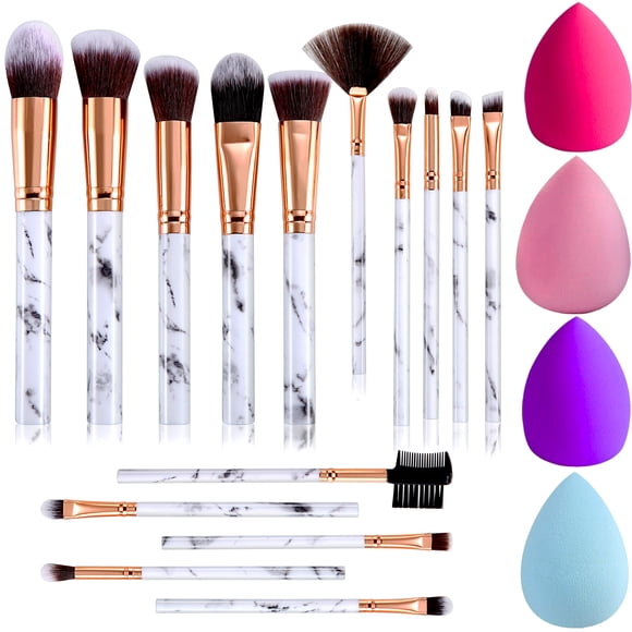 DUAIU Makeup Brushes 15PCS Marble Makeup Brush Set Blush Foundation Concealer Eyeshadow Brushes with 4 Makeup Sponge and 1 Cleaner Brush - Valentine's Day, Christmas Present