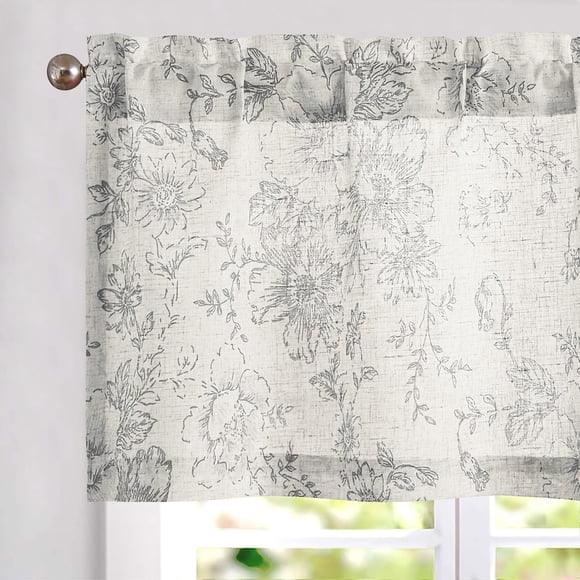 Linen Valance Curtain Farmhouse Grey Floral Window Valance for Bedroom, 16 Inch French Country Flower Small Drapes for Kitchen Light Filtering Window Treatments Rod Pocket 1 Panel