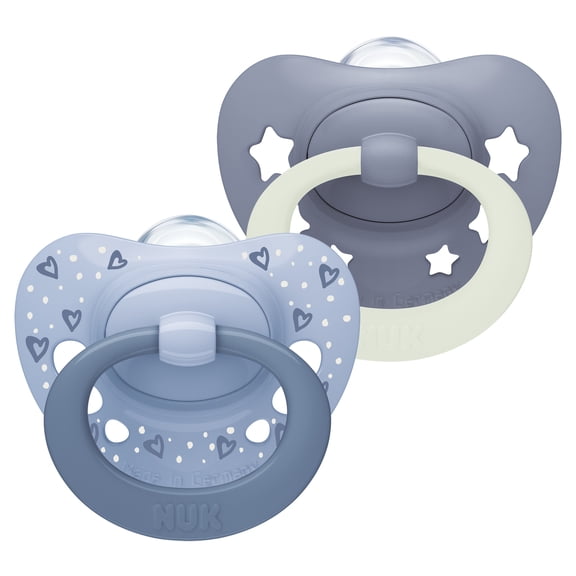 NUK First Choice Classic Night Baby Pacifiers, 0-6 Months, Orthodontic Pacifiers that Glow in the Dark, 95% Baby Acceptance**, Blue, 2 Count