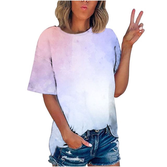 Pompotops T-shirt Imprimé pour Femme, Manches Courtes, Blouse à Col Rond, Hauts Décontractés, Liquidation