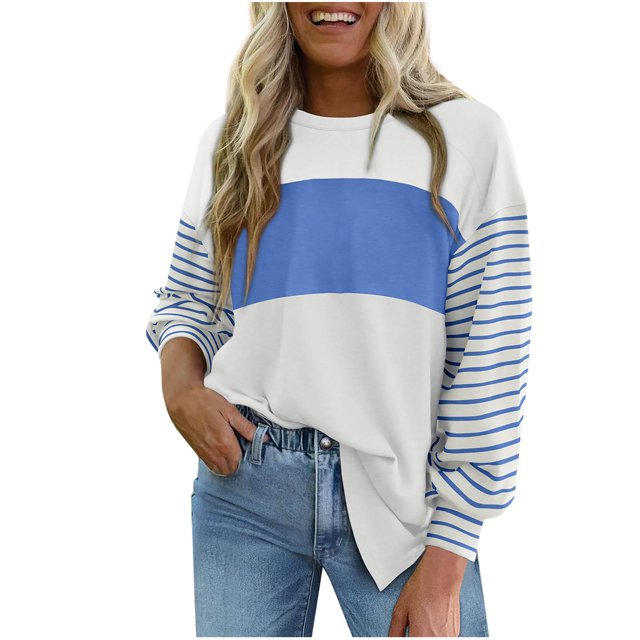 Amzcrzy Chandail en Molleton Femme Col Rond Manches Longues T-Shirts Décontractés Tunique à Rayures Blocs de Couleur Basiques