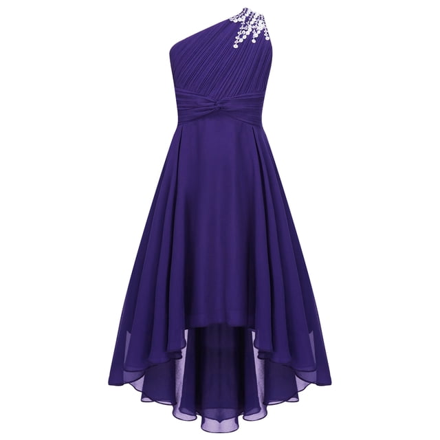 Raenseen Robe de Demoiselle d'Honneur Junior pour Fille, Fleurs, pour Mariage, Froncée, une Épaule, Fête, Ourlet Haut-Bas, Bal, Violet, 8