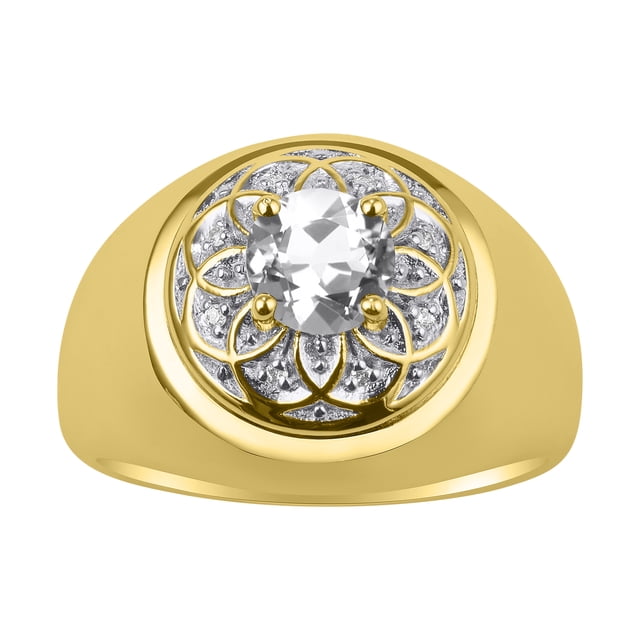 RYLOS Men's Rings 14K Yellow Gold Designer Gypsy 7MM Round Gemstone & Diamond Ring White Topaz April Birthstone Size 9