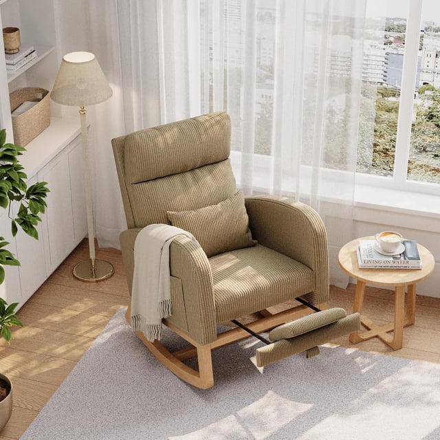 Modern Nursery Rocking Chair, Boucle Upholstered Rocking Chair with Footrest, Comfortable Rocker Recliner with Side Pocket, Rocker Glider for Living Room, Bedroom, Nursing Room, Light Brown