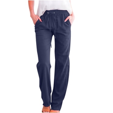 Wide Leg Cotton Linen Pants for Women Elastic Waist Drawstring Casual Summer Pants Loose Fit Beach Pants Comfy Trousers