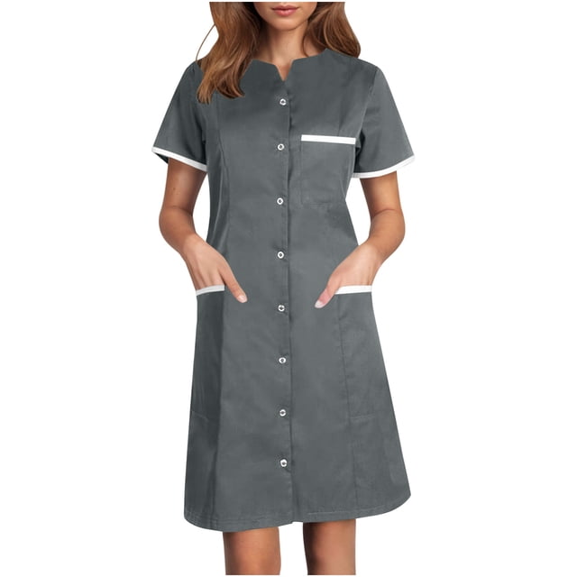 Bocqde Robe de Sarrau Femmes Infirmières Tenue de Travail Robes Manches Courtes Boutonnée Robe de Sarrau avec Poches