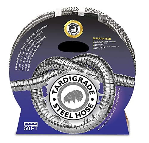 Tardigrade Steel Hose - 50FT Metal Garden Hose - Stainless Steel - Dog Chew Crush Proof, Flexible, Heavy Duty Aluminum, No Kink, Lightweight Lawn Water Hoses, Durable and Easy to Store