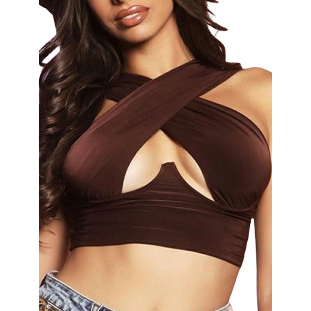Honganda Débardeurs Croisés pour Femmes, Crop Top Sans Manches Couleur Unie