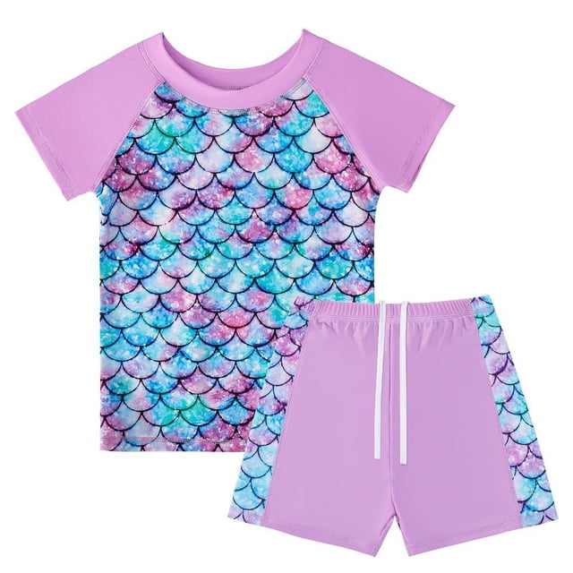 Girls Rash Guard 2-Piece Swimwear Fish Scale Pattern Swimwear Upf 50+ Uv for 4-12Y