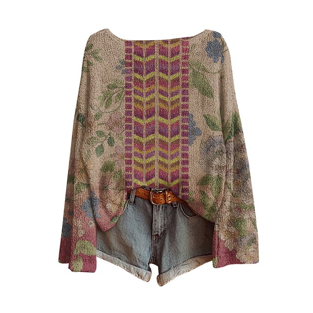 WTXUE Chandail Fair Isle pour Femmes Impression Artistique Vintage Fair Isle Chandail Rétro Chemisiers Légers Hauts Boho Tricot Rétro Hiver Automne Décontracté Ample Col Rond Manches Longues Chandail Surdimensionné Hauts Rose TTG