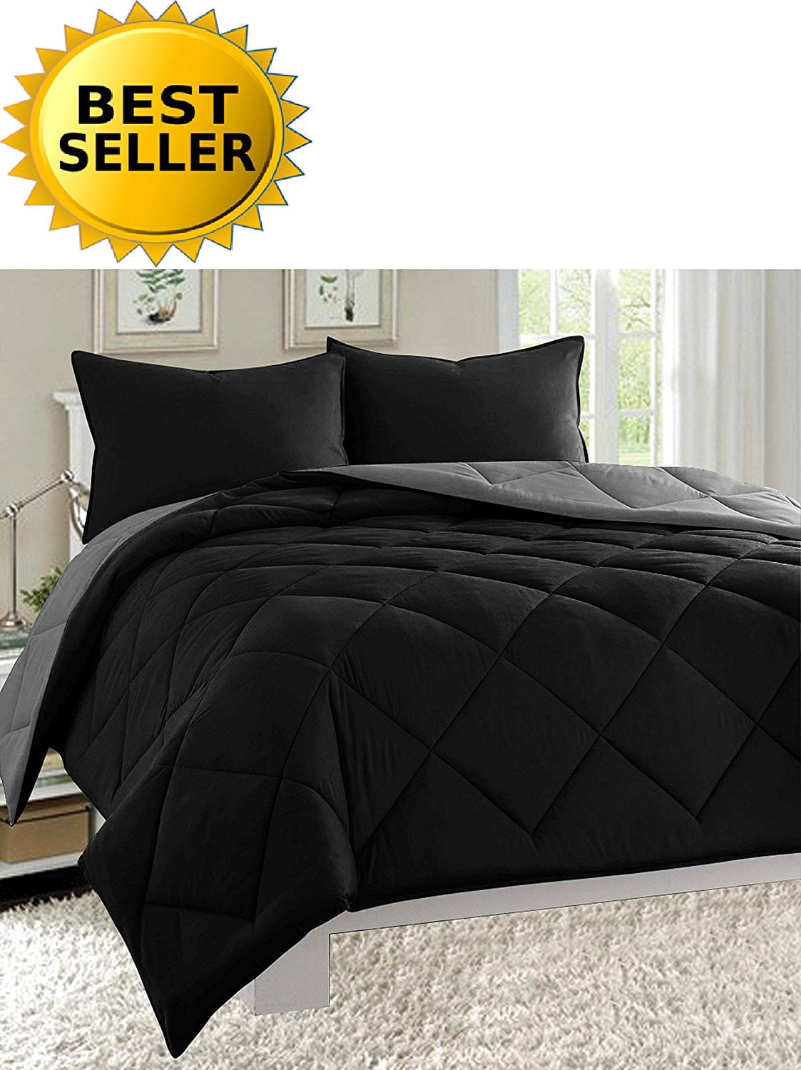 Elegant Comfort Black Microfiber Comforters, Full/Queen (3 Counts)