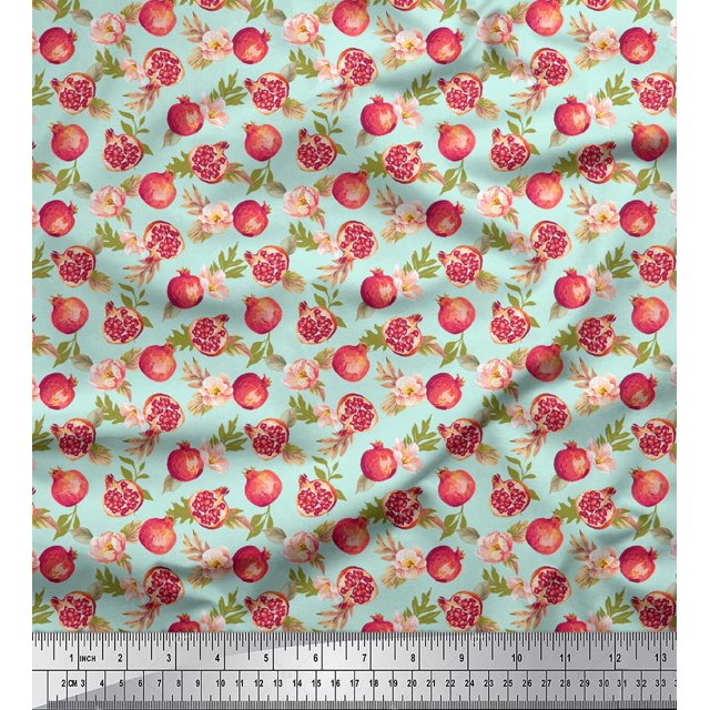 Soimoi Green Modal Satin Fabric Floral & Pomegranate Fruits Print Sewing Fabric BTY 42 Inch Wide