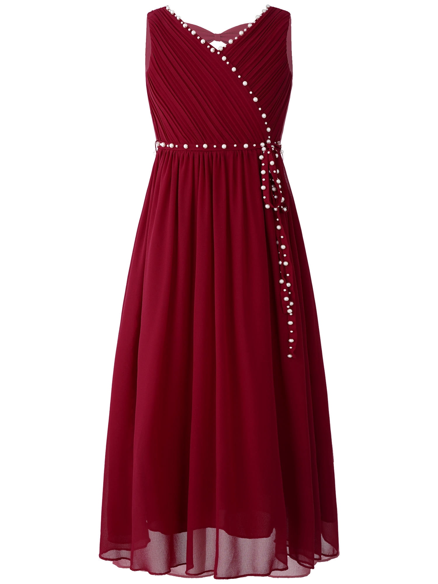 YUUMIN Robe de Fête Élégante en Mousseline Perlée pour Filles Sans Manches Froncée à Col en V Robe de Demoiselle d'Honneur Bourgogne 12