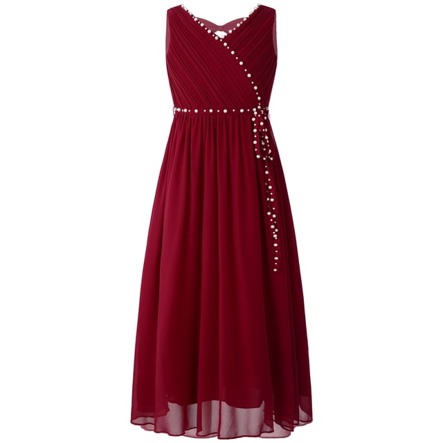 TTAO Robe en Chiffon Sans Manches Col en V Perles Mariage Demoiselle d'Honneur Soirée Bal Formel Bourgogne 14