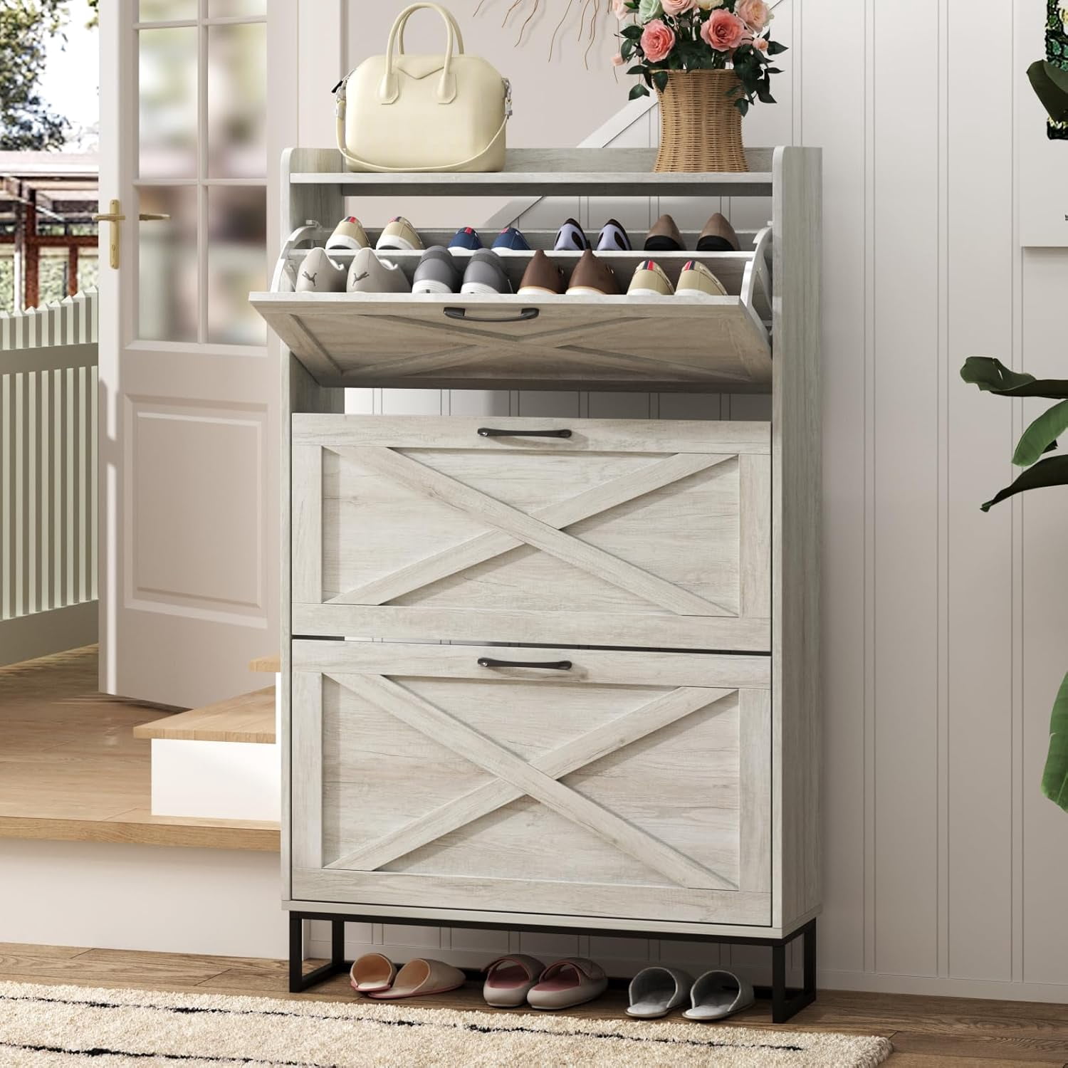 Vabches Shoe Storage Cabinet with 3 Flip Drawers & Metal Legs for Entryway, Narrow Shoe Rack Cabinet, Beige