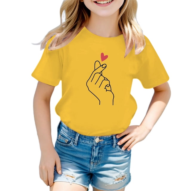 PMVFHDE Hauts Tube pour Filles T-Shirt à Manches Courtes pour Fille T-Shirt pour Fille T-Shirt Mignon pour Filles Hauts pour Fille Enfant T-Shirt Graphique Mignon à Col Rond à Manches Courtes T-Shirt d'Été Décontracté Jaune, 11-12 Ans
