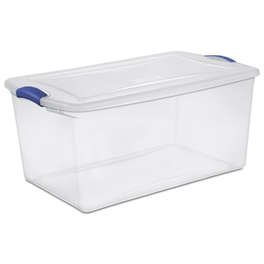 Sterilite Boîte à loquets de 62 litres, boîte de rangement en plastique transparent avec couvercle et loquet bleu