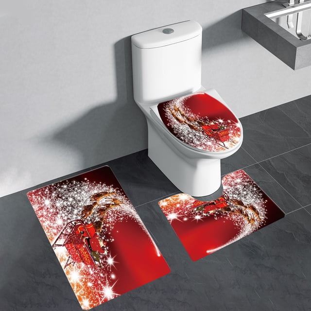 Leutsin Christmas Bathroom Rugs and Mats Set 3 Piece, Red Christmas Snowman Bathroom Rugs Non Slip, Red Winter Absorbent Memory Foam Bath Mat Machine Washable Bathroom Floor Mats