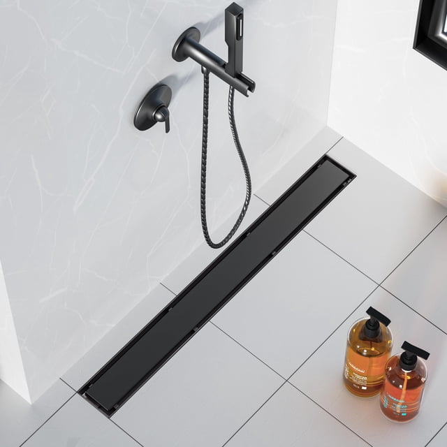 Neodrain 32-Inch Linear Shower Drain with 2-in-1 Flat & Tile Insert Shiny Black Cover Rectangle Shower Floor Drain Floor Shower Drain with Adjustable Leveling Feet Hair Strainer