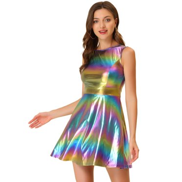 INSPIRE CHIC Robe d'Halloween pour Femme Sans Manches Taille Haute Scintillante Évasée Mini Robe Bleu Violet TG