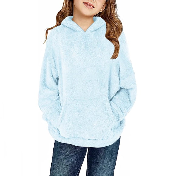 Milgrthf Girls Fuzzy Fleece Pullover Sweatshirt Casual Sherpa Winter Basic Tops Warm Outwear Coat with Pockets 4-12 Years Light Blue 120