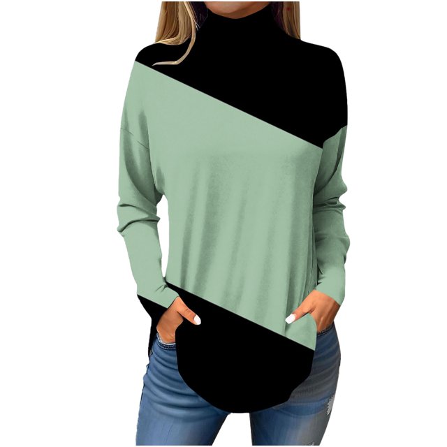 FAIWAD Womens Turtleneck Tunic Tops Long Sleeve Color Block Pullover Tops Casual Loose Trendy Tops