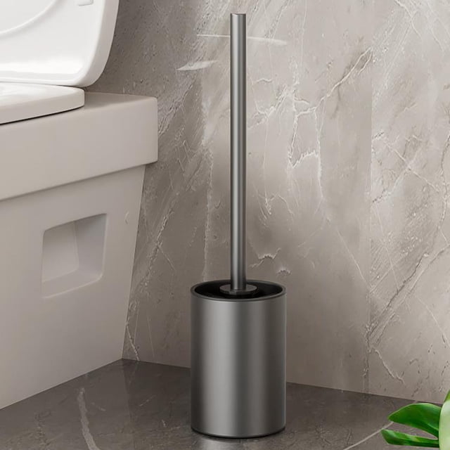 ZZkhGO Deluxe Toilet Brush, stainless steel toilet bowl cleaner with a modern grey finish and compact design. Features a long 38cm handle for comfortable reach, a washable, fast-drying brush head to prevent stain buildup, and a thickened base for stability. Ideal for bathroom cleaning and maintaining hygiene.