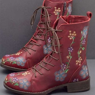 Rabais Aujourd'hui! Aqestyerly Bottes d'Hiver pour Femmes Bottes Imprimées et Brodées pour Femmes au-Dessus du Pied Bout Rond Bottines Épaisses