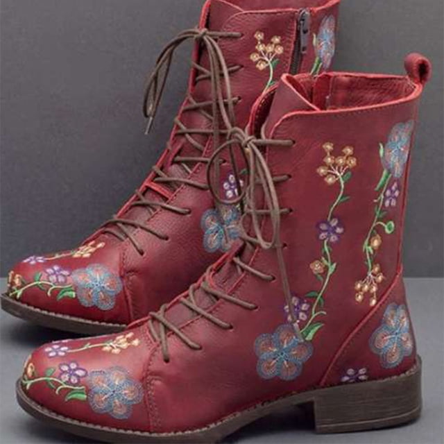 Cameland Women's Printed Embroidered Boots Over Feet Round Toe Chunky Ankle Boots