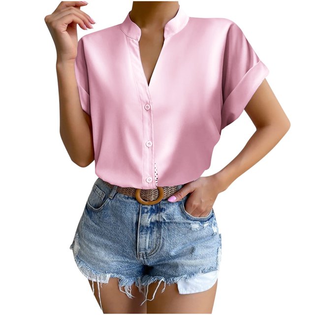 Hauts pour Femmes de Couleur Unie à Boutons T-Shirts Blouse à Col en V
