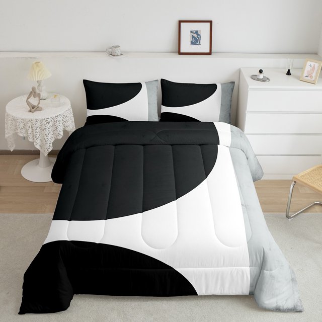 Erosebridal Contemporary Abstract Bedding Twin Comforter Set, Black White Gray Down Comforter Microfiber 2-Piece