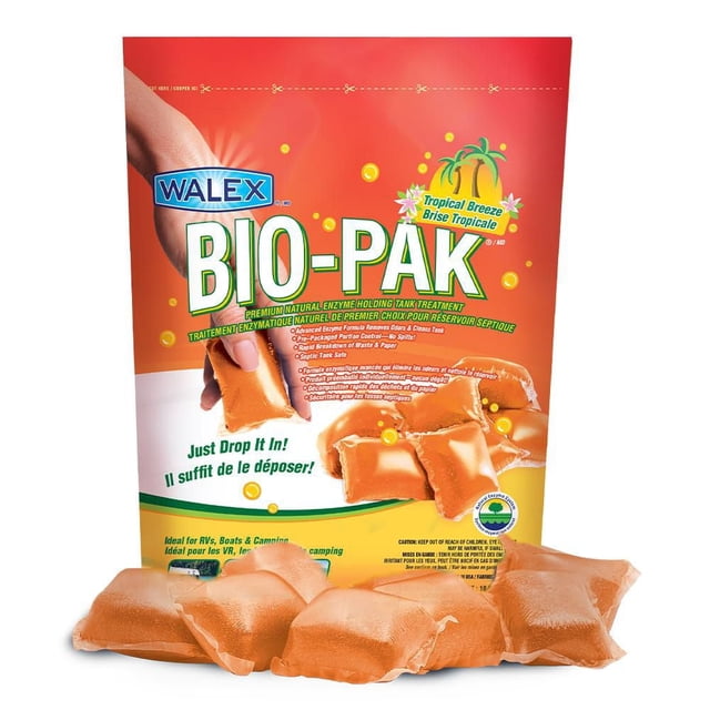 Bio-Pak® Brise Tropicale (Lot de 40) Sachets d'Enzymes orange pour le Traitement des Fosses Septiques, Présentés devant un Emballage Walex Rouge et Jaune, Conçus pour Contrôler les Odeurs et Décomposer les Déchets et le Papier, Convenant aux VR, aux Bateaux et aux Fosses Septiques de camping.