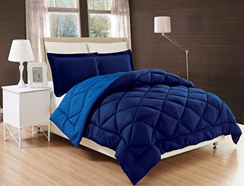 Elegant Comfort All Season Comforter and Year Round Medium Weight Super Soft Down Alternative Reversible 3-Piece Comforter Set, Full/Queen, Navy Blue/Light Blue