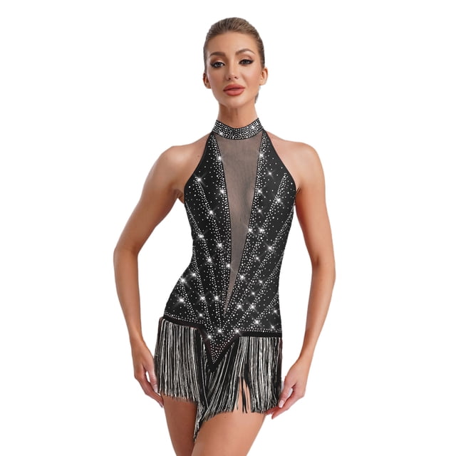 RUNQHUI Robe de Danse de Salon Sans Manches à Franges Brillantes Salsa Tango Col en V L