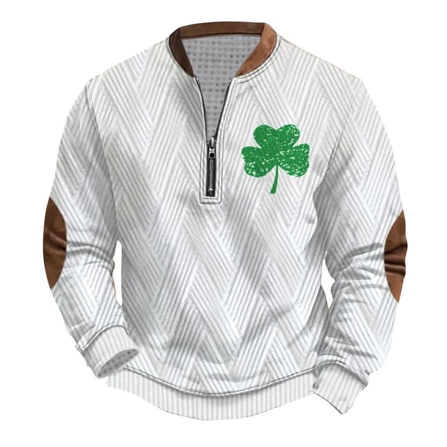 Penkiiy St Patricks Day Shamrock Patch Chest Print 1/4 Zip Sweatshirt 2XL Multicolor