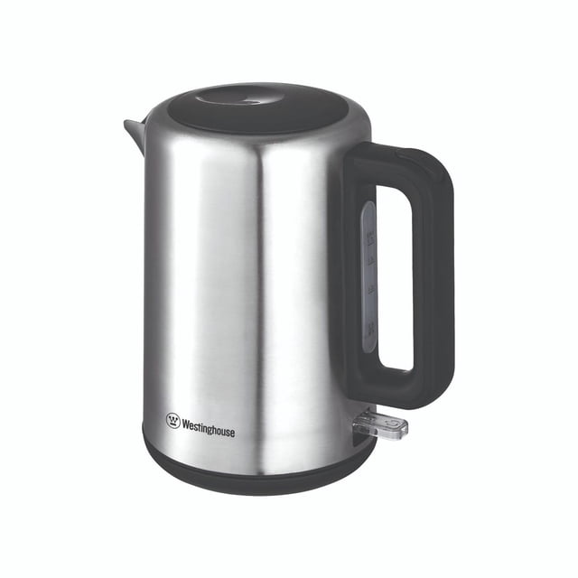Westinghouse 1.7L Stainless Steel Electric Kettle with brushed stainless steel body, black plastic handle with water gauge, clear power switch, and automatic switch-off feature, shown in a front 3/4 view on white background, suitable for quick boiling.