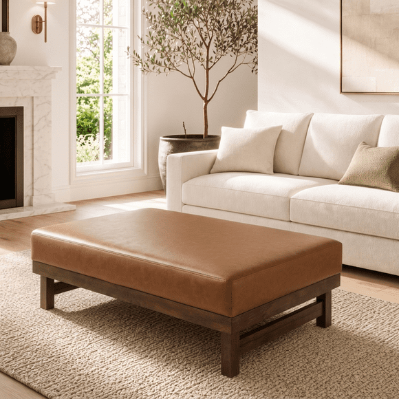 Noble House Table ronde de café grande taille, rembourrée en faux cuir carrée avec coussin moelleux sur le dessus, pour salon et chambre, couleur brun clair + noyer