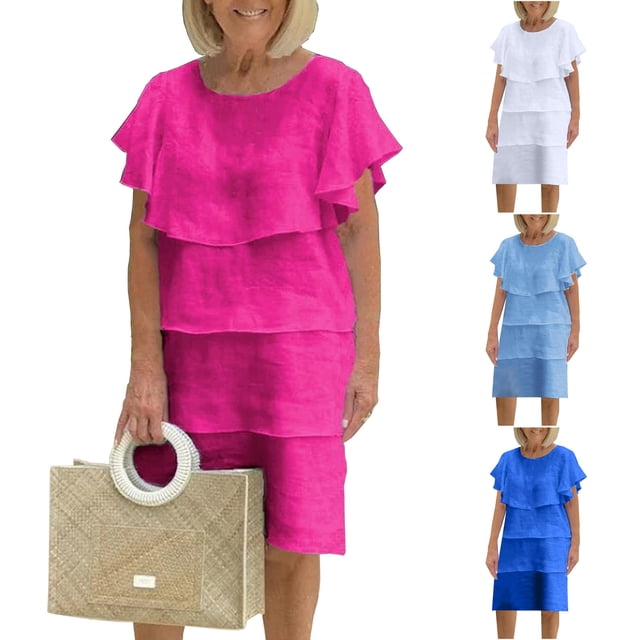 Gspmoly Robes d'Été pour Femmes, Robe Décontractée Unie à Col Châle et Col Rond pour Femmes, Robes Habillées pour Femmes en Liquidation