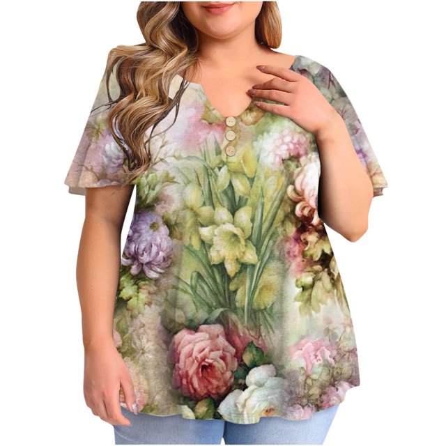 Birdeem Blouse Décontractée à Manches Courtes Imprimée pour Femmes, Grande Taille, à Volants, Col en V