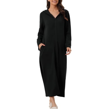 INSPIRE CHIC Women's Zip Up Nightgowns Long House Robe Long Sleeve Hooded Sweatshirt Loungewear with Pockets M Black