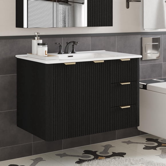 HMstone Meuble-Lavabo de Salle de Bain 30 Pouces avec Combo Lavabo, Armoire de Salle de Bain Flottante Murale avec 2 Portes 2 Tiroirs, Meuble-Lavabo de Salle de Bain Moderne Mi-Siècle avec Armoire de Rangement, Noir