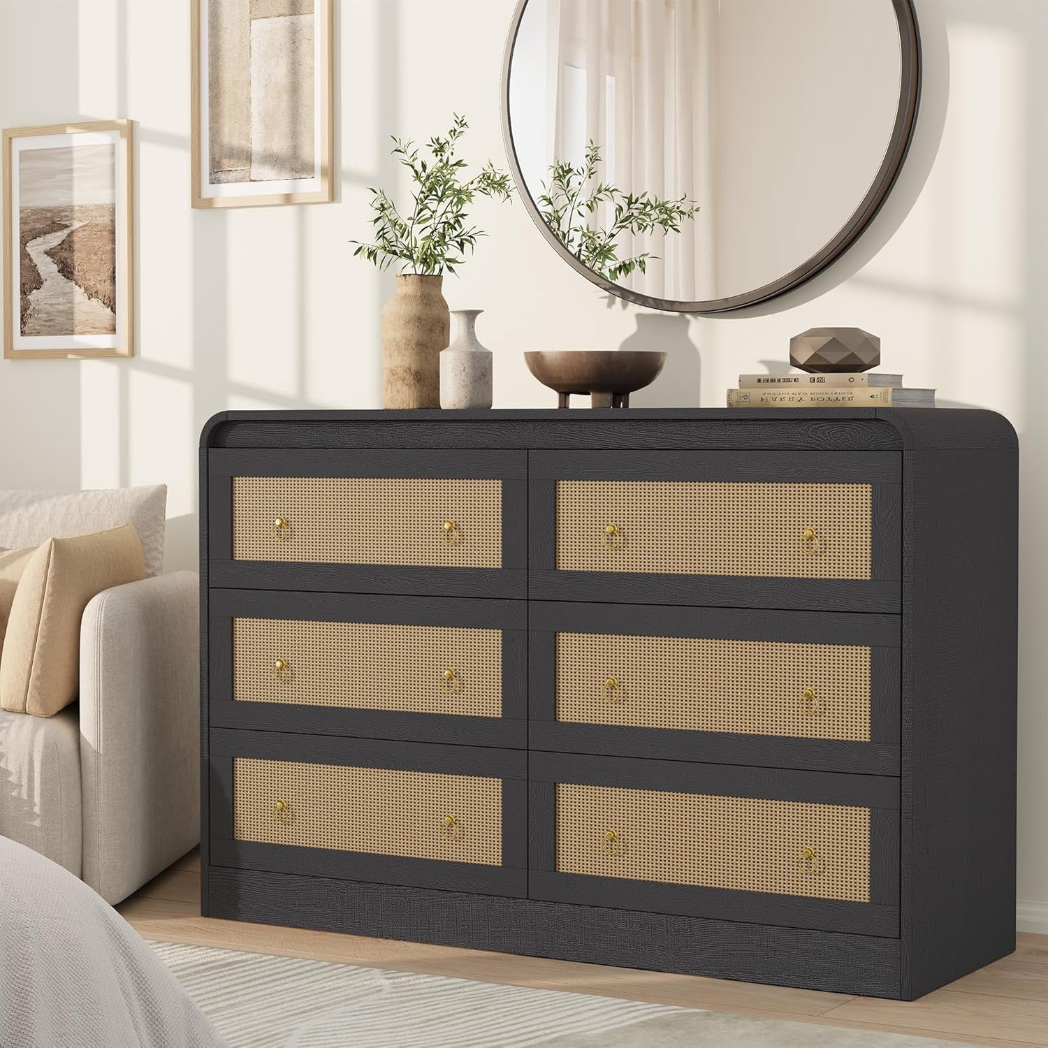 46" Wide Rattan Dresser,6 Drawer Dresser for Bedroom,Dressers & Chests of Drawers,Modern Chest of Drawers for Bedroom,Living Room,Hallway,Black