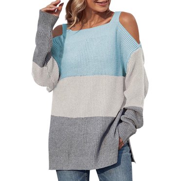 IROINID Women's Knit Square Neck Pullover Sweater Color Block Casual Mid-Length Long Sleeve Matching Sweater