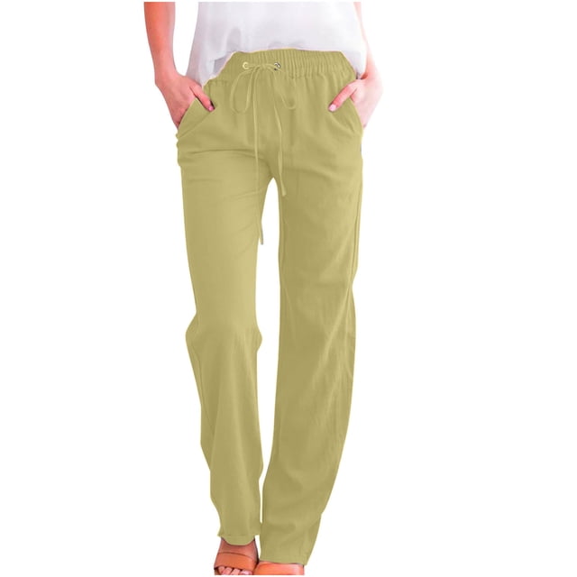 Timegard Cotton Linen Pants for Women Elastic Waisted Drawstring Straight Leg Lounge Pants with Pockets