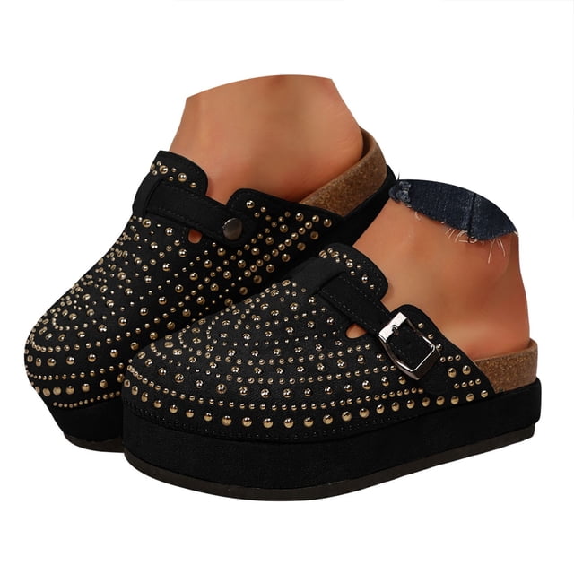 Dakaela Women's Suede Clogs Cork Footbed Sandals Comfort Platform Mules Rhinestone Slip on Slippers
